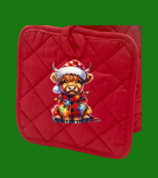 Highland Baby Cow Xmas Lights Cotton Pot Holder