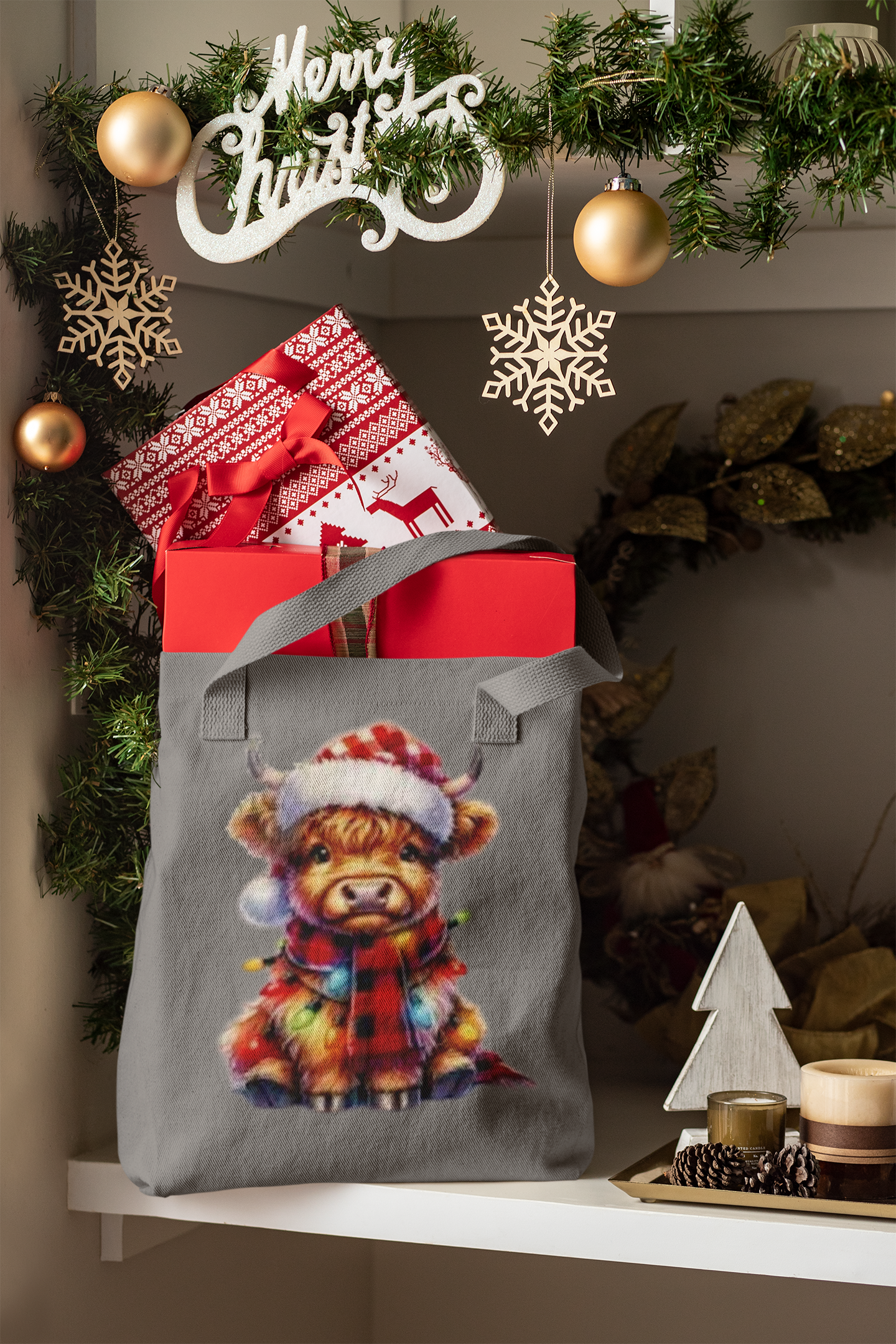 Highland Baby Cow Xmas Lights Cotton Tote Bag