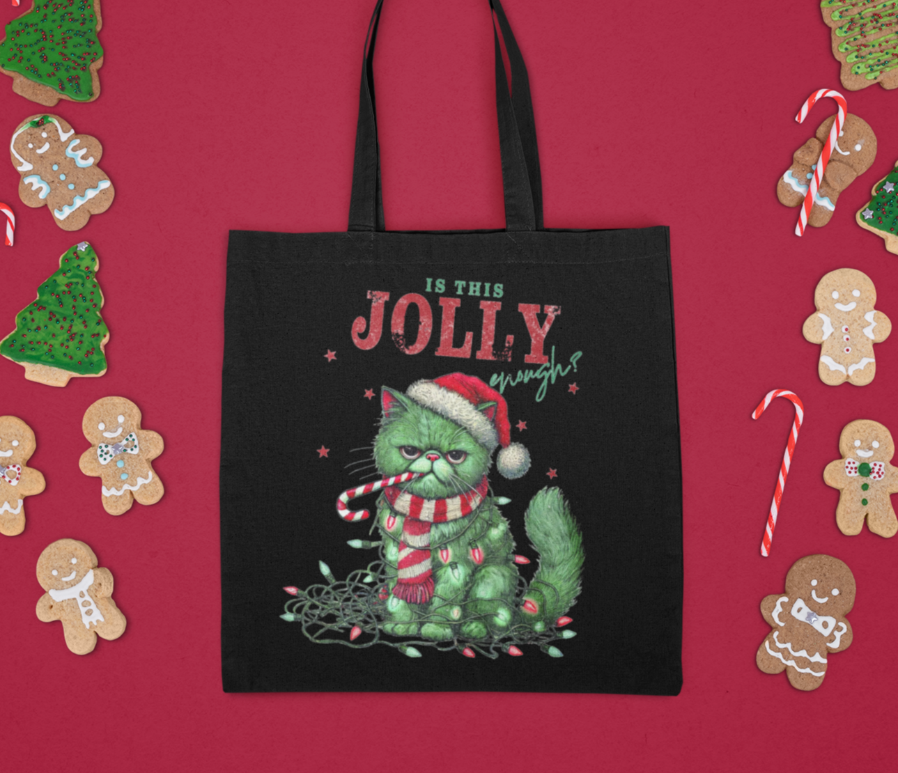 Jolly Enough Xmas Cat Cotton Tote Bag