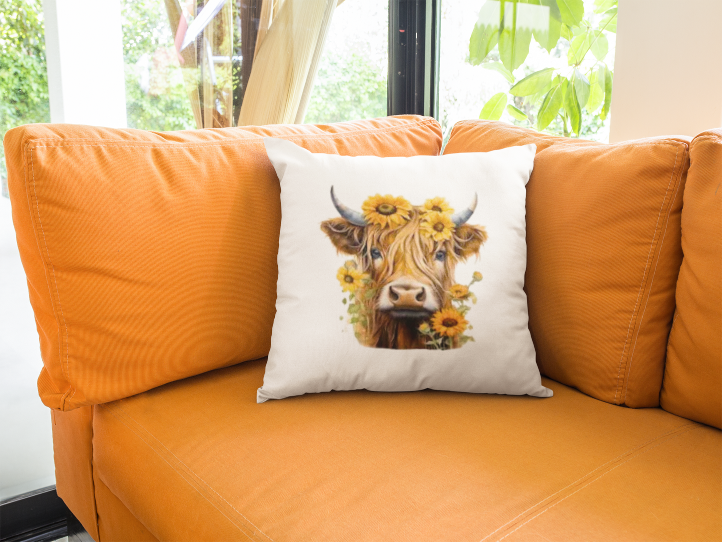 Highland Cow Flowers Cotton Throw Pillow Cover